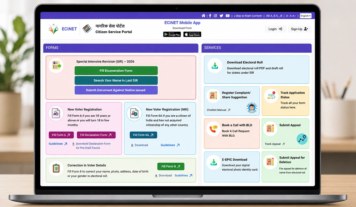 ECINET Citizen Service Portal laptop mockup showing SIR 2026, voter registration and citizen services, Jharkhand Sir, Voter List Jharkhand